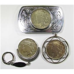 3 - PEACE DOLLARS: 1922 IN BEZEL, 1924 BELT BUCKLE