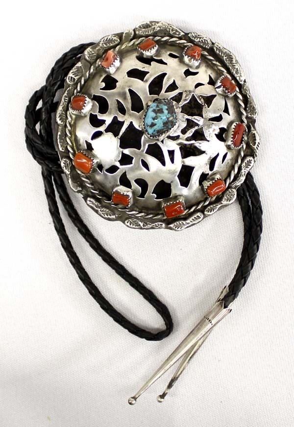 Vintage Navajo Sterling Turquoise Coral Bolo Tie