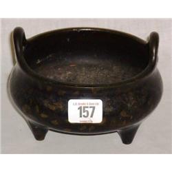 BRONZE DOUBLE HANDLED POT WITH ORIENTAL STAMP ON 