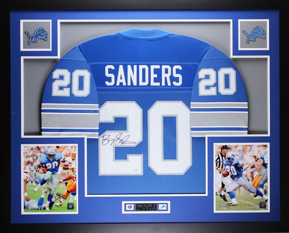 Barry Sanders Signed Lions 35" x 43" Custom Framed Jersey (JSA COA)