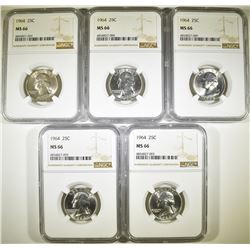 (5) 1964 WASHINGTON QUARTERS  NGC MS-66  TOUGH!