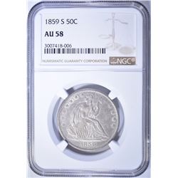 1859-S SEATED HALF DOLLAR, NGC AU-58