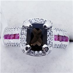 SMOKEY QUARTZ RUBY CZ RING SIZE 7.5