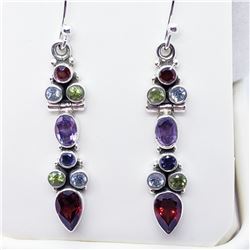SILVER PERIDOT AMETHYST GARNET EARRINGS