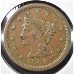 1851 LARGE CENT, XF/AU