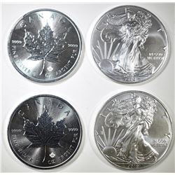 2-CANADA MAPLE LEAF & 2-2019 ASE 1oz SILVER COINS