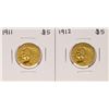 Image 1 : Lot of 1911-1912 $5 Indian Head Half Eagle Gold Coins