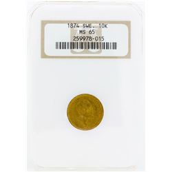 1874 Sweden 10 Kronor Gold Coin NGC MS65