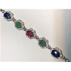 Sterling Silver Emerald Ruby & Sapphire Bracelet, Length Approx 20". Approx Retail $300 (Estimated S