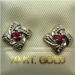 10K Yellow Gold Ruby (July Birthstone) 4 Diamonds Earrings, Made in Canada, Suggested Retail Value $
