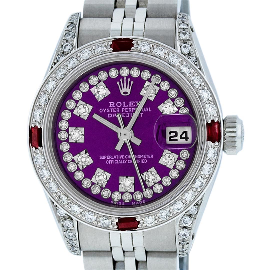 Rolex Ladies Stainless Steel 26MM Purple String Diamond Lugs Datejust