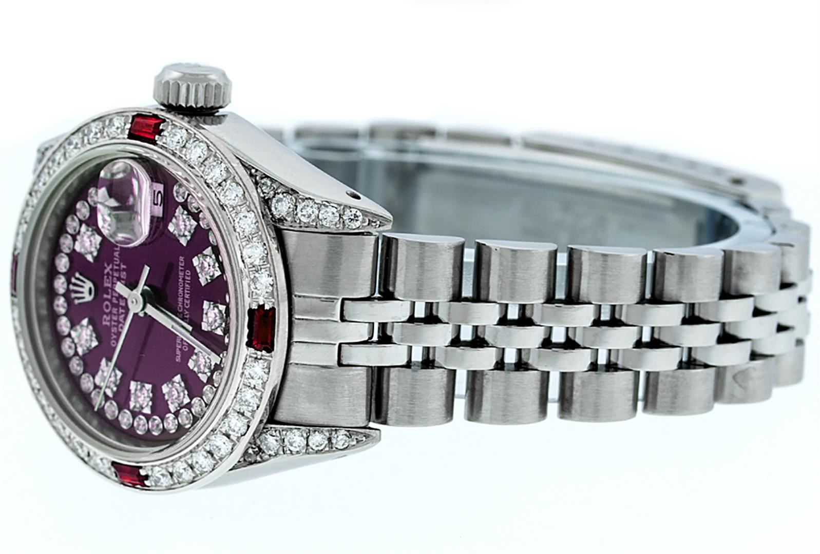 Rolex Ladies Stainless Steel 26MM Purple String Diamond Lugs Datejust Wristwatch