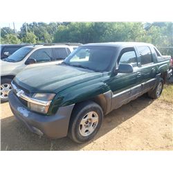 2002 CHEVROLET AVALANCHE PICKUP TRUCK, VIN/SN:3GNEK13T92G201865 - 4X4, VREW CAB, V8 GAS ENGINE, A/T