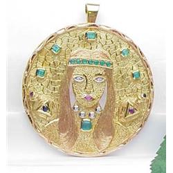Unique circle pendant or pin with ladys face 18kt