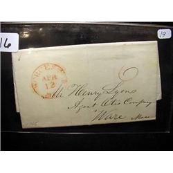 1845 Stampless Folded Letter Cover - (Worchester,