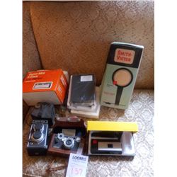 LOT OF VINTAGE CAMERAS, 8 TRACK STEREO, MOVIE LIGHT