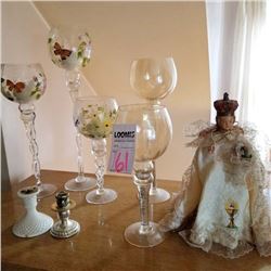 INFANT OF PRAGUE DOLL (1), GLASS STEMWARE (4), CANDLE HOLDERS (2)