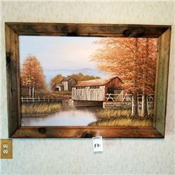 SIGNED  K. MICHALESON COVERED BRIDGE OIL ON CANVAS