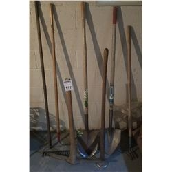 LOT OF A BAR, PICK, RAKE, TAMPER, SHOVELS