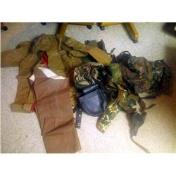 LOT OF CAMO BAGS, RAIN COAT, RAIN GEAR