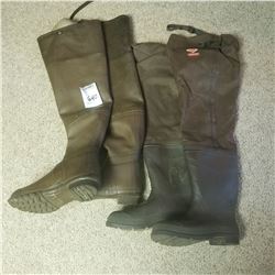 BUNDLE LOT: 2 PAIR OF FISHING WADERS SIZE 11 / 2 PAIR OF BOOTS SIZE 10 1/2