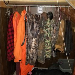 LOT OF 6 HUNTING COATS AND 6 PANTS, MORE