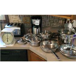 LOT OF SCALES, TOASTER, COFFEE MAKER, SKILLETS, POTS AND LIDS