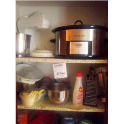BUNDLE LOT: KITCHEN CONTENTS: CROCK POT, MIXER, TUPPERWARE, SILVERWARE, TOOLS