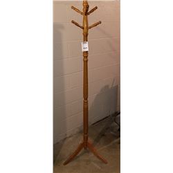 BUNDLE LOT: OAK STAINED WOOD HALL TREE / FOLDING TABLE, STOOL, MILK CAN