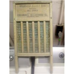 ANTIQUE WOOD & BRASS WASHBOARD w LITHO