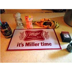 MILLER TIME ADVERTISING SIGN, SHOT GLASS, COLLECTIBLES LOT