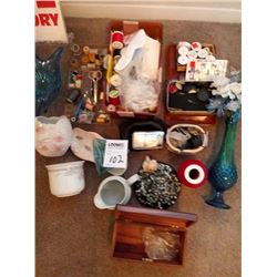 VINTAGE LANE CEDAR BOX, OLYMPIA DIGITAL CAMERA, SEW KIT, ASSTD. VASES