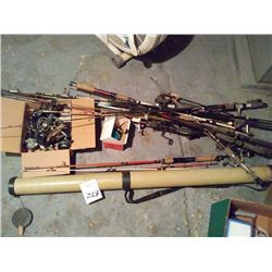 FISHING LOT: OVER 15 POLES & 15 REELS, ALL LOOK IN WORKING CONDITION.