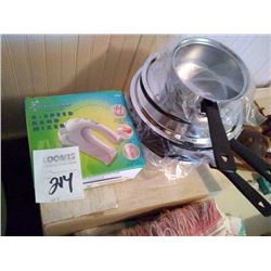 NEW IN BOX, 6 SPEED HAND MIXER, NEW POTS AND PANS