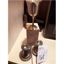 VINTAGE SALEM SILVERPLATE GOBLET, SERVING SPOON AND PAIR OF CANDLE HOLDERS