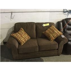NEW Chocolate Sofa and Love Seat Set w/ Throw Pillows(love seat is shown, sofa is still wrapped in p