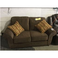 NEW Chocolate Sofa and Love Seat Set w/ Throw Pillows(love seat is shown, sofa is still wrapped in p