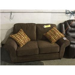 NEW Chocolate Sofa and Love Seat Set w/ Throw Pillows(love seat is shown, sofa is still wrapped in p