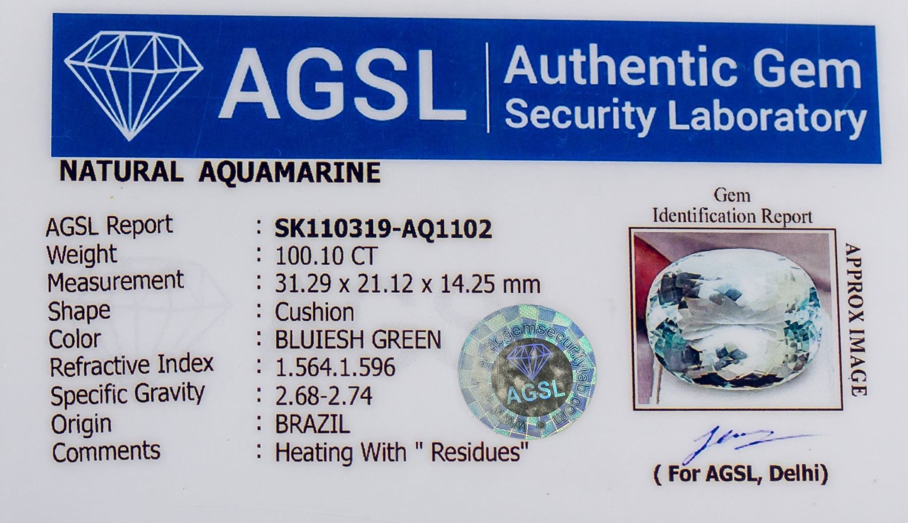 100.10ct Natural Aquamarine Gemstone Certificate