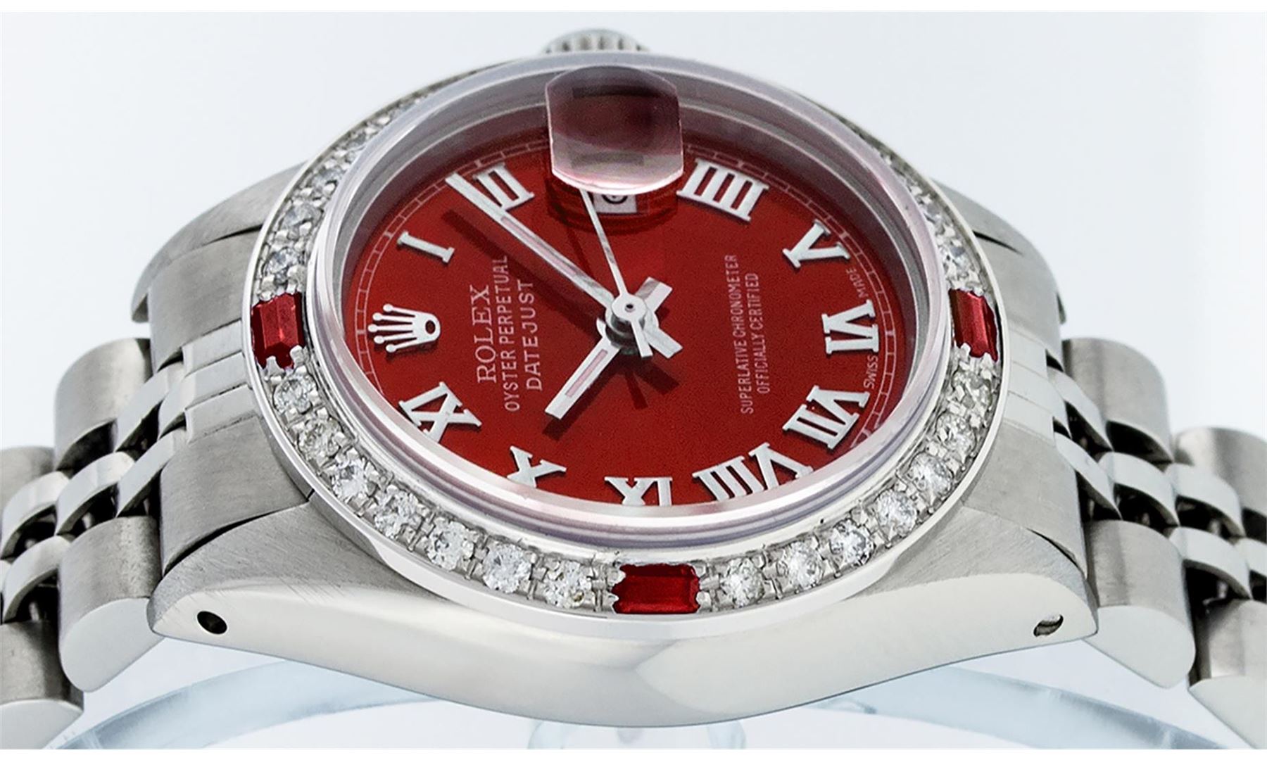 Rolex Ladies Stainless Steel Red Diamond & Ruby Datejust Wristwatch