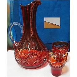 Amberina flashed wheel cut rose cut pitcher stand
