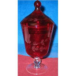 Wheel cut, rose cut red glass candy jar with lid.