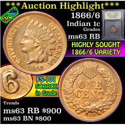 ***Auction Highlight*** 1866/6 FS-101 Indian Cent 1c Graded Select Unc RB By USCG (fc)