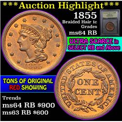 ***Auction Highlight*** 1855 Braided Hair Large Cent 1c Graded Choice Unc RB By USCG (fc)