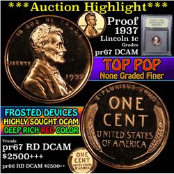 ***Auction Highlight*** 1937 Lincoln Cent 1c Graded Gem++ Proof Red Deep cameo By USCG (fc)