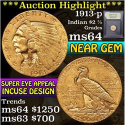 ***Auction Highlight*** 1913-p Gold Indian Quarter Eagle $2 1/2 Graded Choice Unc By USCG (fc)