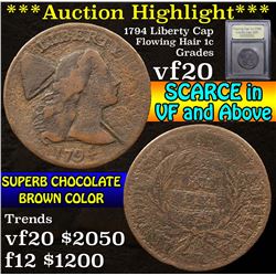 ***Auction Highlight*** 1794 Liberty Cap Flowing Hair large cent 1c Graded vf, very fine By USCG (fc