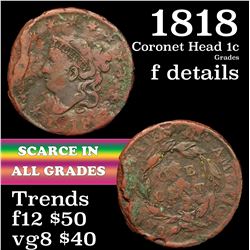 1818 Coronet Head Large Cent 1c Grades f details