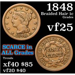 1848 Braided Hair Large Cent 1c Grades vf+