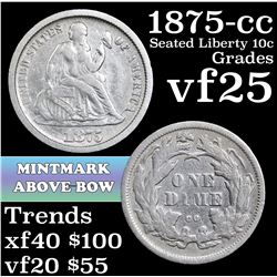 1875-cc Seated Liberty Dime 10c Grades vf+